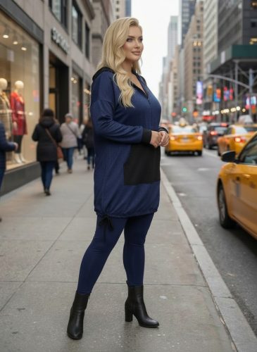 Fashion by Nono Szendy sportos kapucnis tunika, farmerkék-fekete 3XL méretben