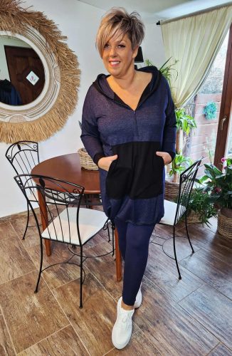 Fashion by Nono Szendy sportos kapucnis tunika, farmerkék-fekete 3XL méretben