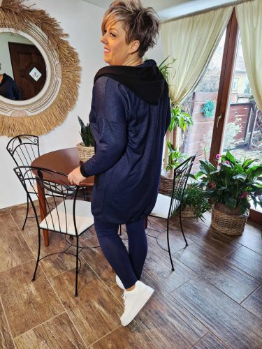 Fashion by Nono Szendy sportos kapucnis tunika, farmerkék-fekete 3XL méretben