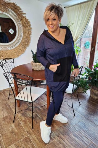 Fashion by Nono Szendy sportos kapucnis tunika, farmerkék-fekete 3XL méretben