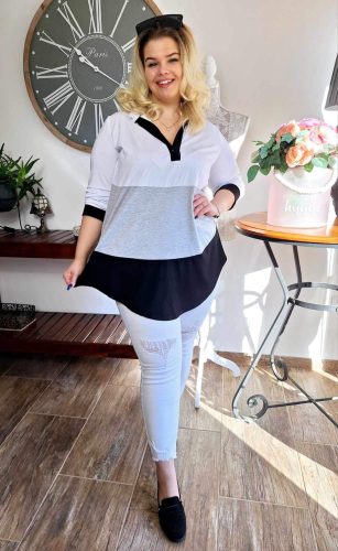Fashion by Nono Brigitta tunika, fehér-szürke-fekete XL méretben