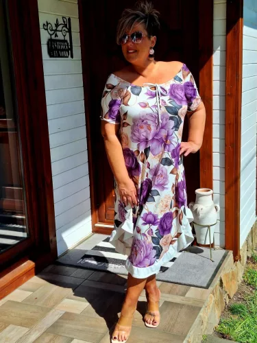 Fashion by Nono Amanda ruha, lila virágmintás-fehér szegéllyel 4XL méretben