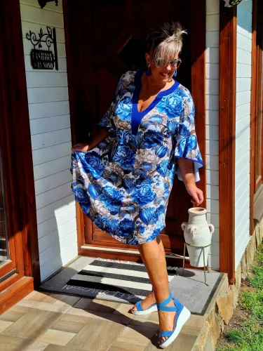 Fashion by Nono Gigi ruha, kék virágmintás 2XL méretben