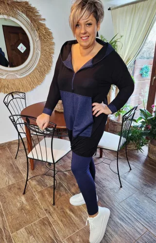 Fashion by Nono Szendy sportos kapucnis tunika, fekete-farmerkék 3XL méretben