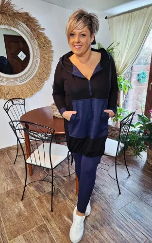 Fashion by Nono Szendy sportos kapucnis tunika, fekete-farmerkék 3XL méretben