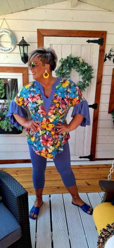 Fashion by Nono Gigi ing, virág mintás-denim kék szegéllyel és fodorral L méretben 