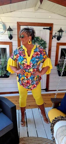 Fashion by Nono Gigi ing, virág mintás-sárga szegéllyel és fodorral 2XL méretben 