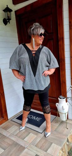 Fashion by Nono Léda felső, ezüst-fekete lurex L méretben