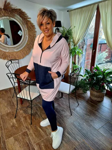 Fashion by Nono Szendy sportos kapucnis tunika, púder-farmerkék 3XL méretben