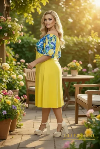 Fashion by Nono Tekla ruha, sárga-mintás 2XL méretben