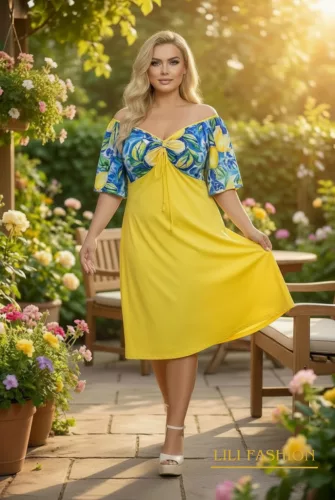 Fashion by Nono Tekla ruha, sárga-mintás 2XL méretben