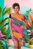 Mirage Vivienne csavart pántos trikóruha, fekete-narancs-pink csíkos