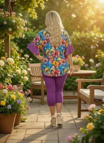 Fashion by Nono Gigi ing, virág mintás-lila szegéllyel és fodorral 3XL méretben 