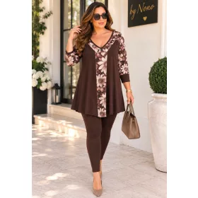 Fashion by Nono Lamari felső, kávé-virágmintás 2XL/3XL