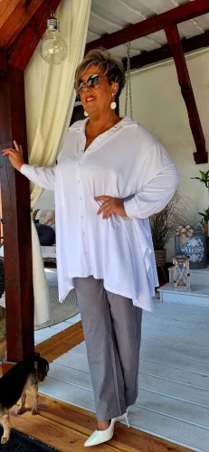 Fashion by Nono Heidi nadrág, szürke-fehér csíkos 2XL méretben