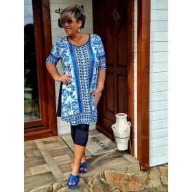   Fashion by Nono Olívia "A" vonalú ruha, kék-mintás 4XL méretben