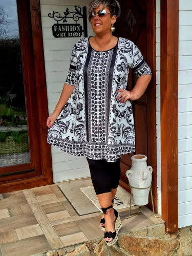 Fashion by Nono Olívia "A" vonalú ruha, fekete-mintás XL méretben