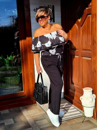 Fashion by Nono Szimeoni overál, fekete-masni mintás 4XL méretben