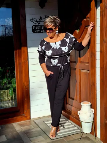 Fashion by Nono Szimeoni overál, fekete-masni mintás 4XL méretben
