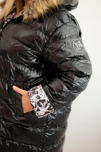 Luxury Warm steppelt, fényes télikabát, fekete XL méretben