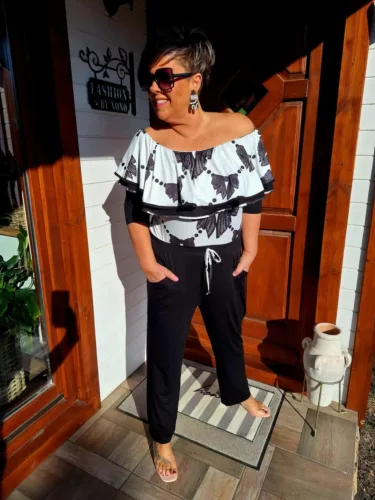 Fashion by Nono Szimeoni overál, fehér-fekete masni mintás L méretben