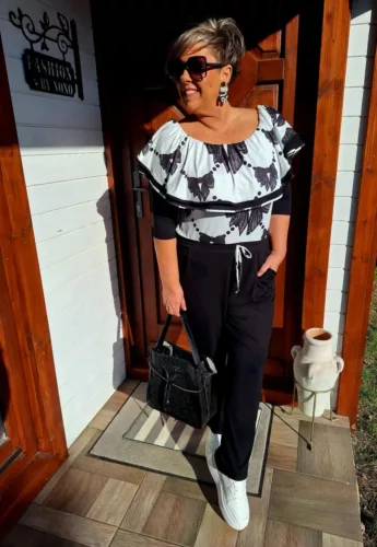 Fashion by Nono Szimeoni overál, fehér-fekete masni mintás L méretben