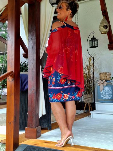 Fashion by Nono Rózsa ruha, piros-sötétkék mintás 4XL méretben