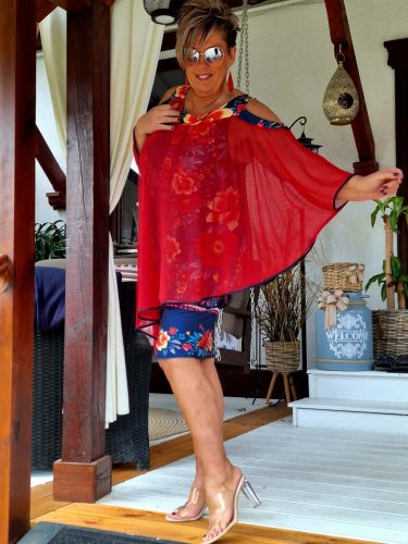 Fashion by Nono Rózsa ruha, piros-sötétkék mintás 3XL méretben