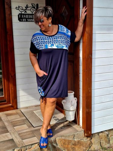 Fashion by Nono Luisa zsebes ruha, sötétkék-mintás XL méretben