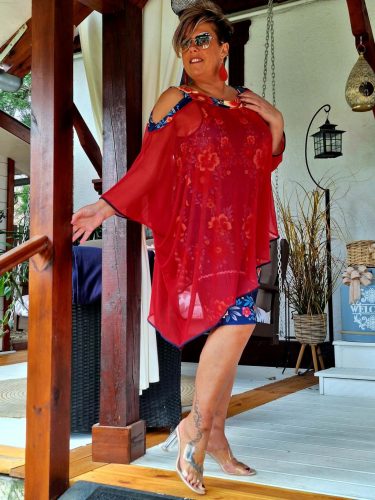 Fashion by Nono Rózsa ruha, piros-sötétkék mintás XL méretben