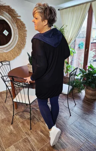 Fashion by Nono Szendy sportos kapucnis tunika, fekete-farmerkék XL méretben