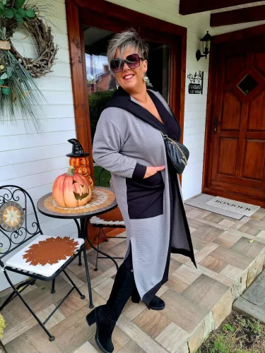 Fashion by Nono Zafír kardigán, szürke-fekete 3XL méretben