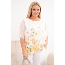   Jácint könnyed, elegáns plus size blúz, fehér-sárga virágmintás